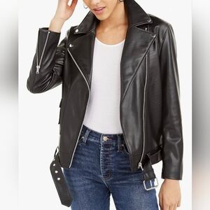 Biker MOTO Grunge Black Bomber Vegan Faux Leather Zip Up Jacket Small